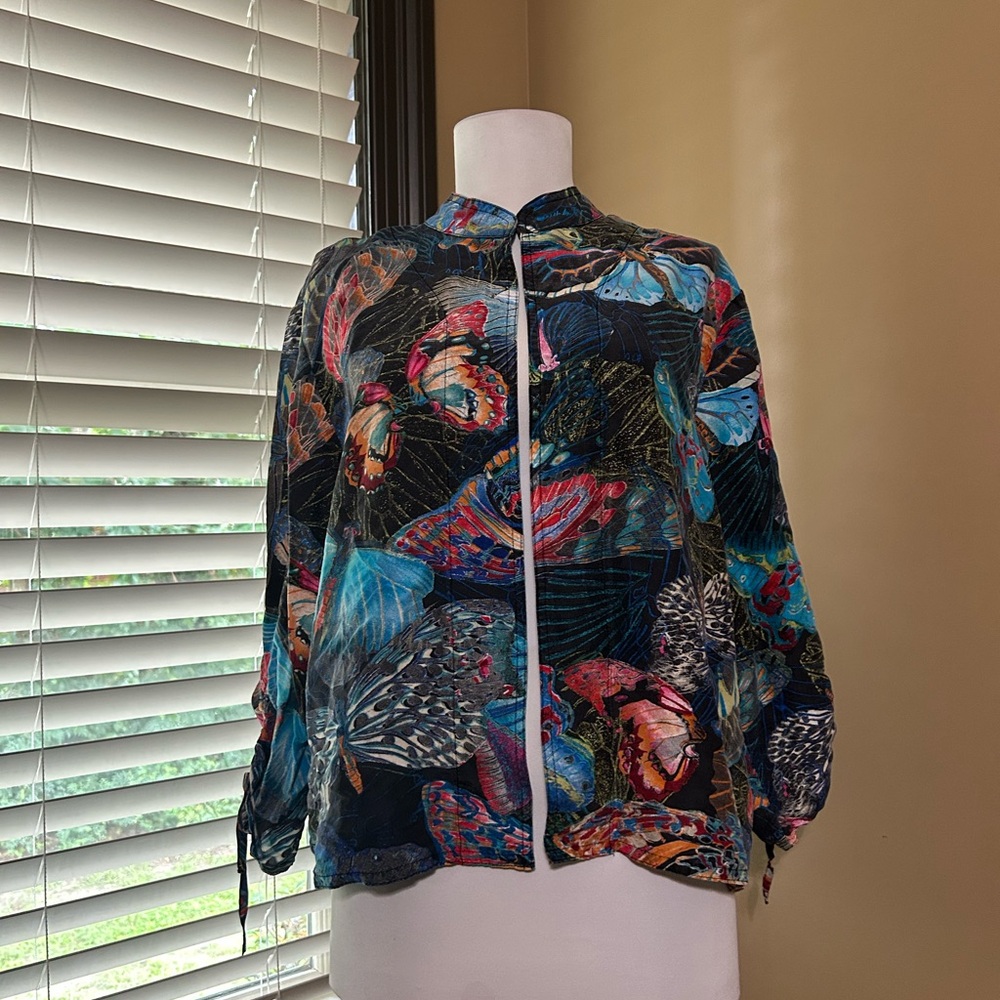 Chico's Multicolor Butterfly Print Jacket - Black Base with Blue & Pink Accents